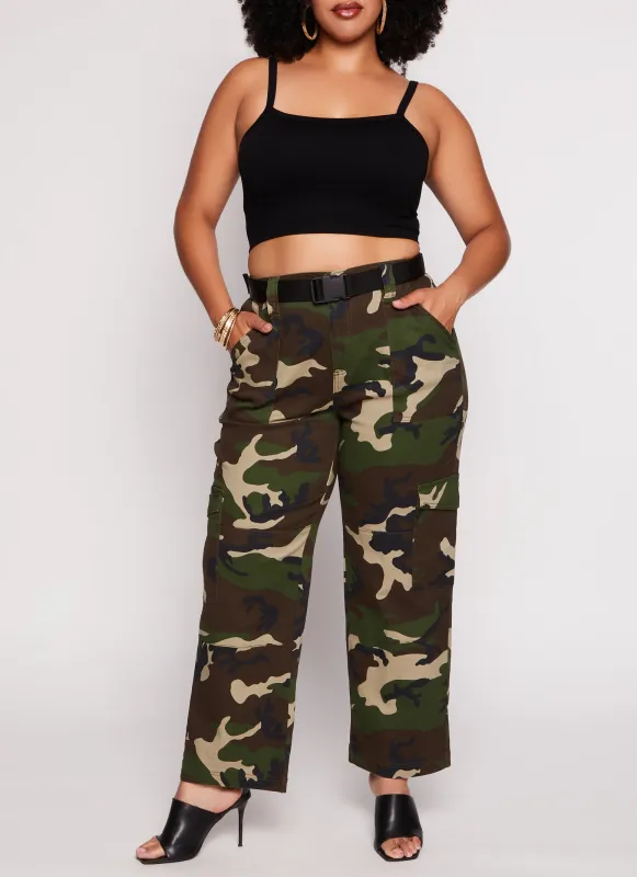 Plus Size Camo Belted Wide Leg Cargo Pants sold by Rainbow