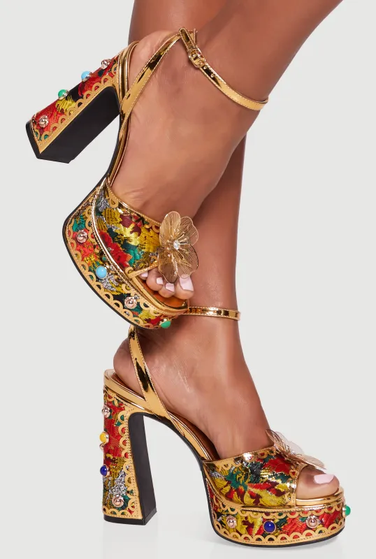 Jacquard Block Heel Platform Sandals with Gemstones sold by Rainbow