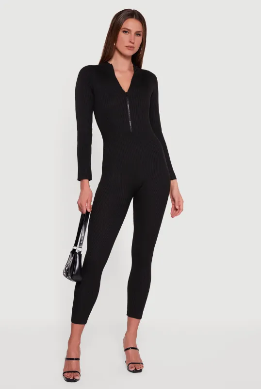 Zip Front Mock Neck Ribbed Knit Jumpsuit sold by Rainbow