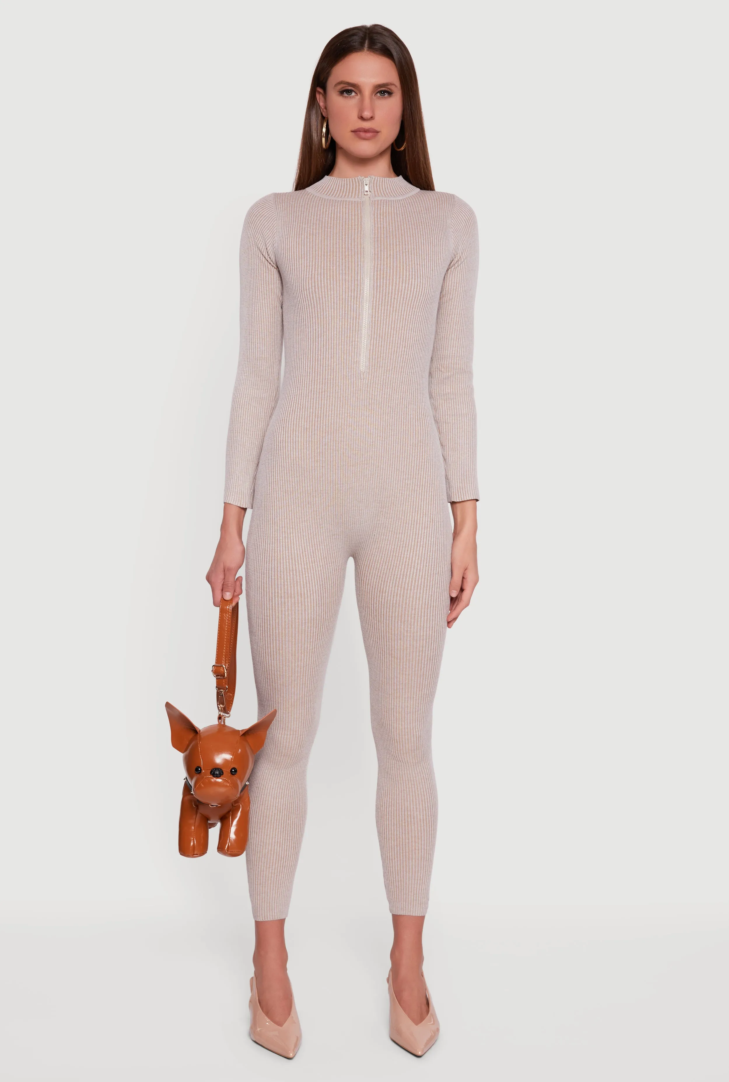 Zip Front Mock Neck Ribbed Knit Jumpsuit sold by Rainbow product image thumbnail 2