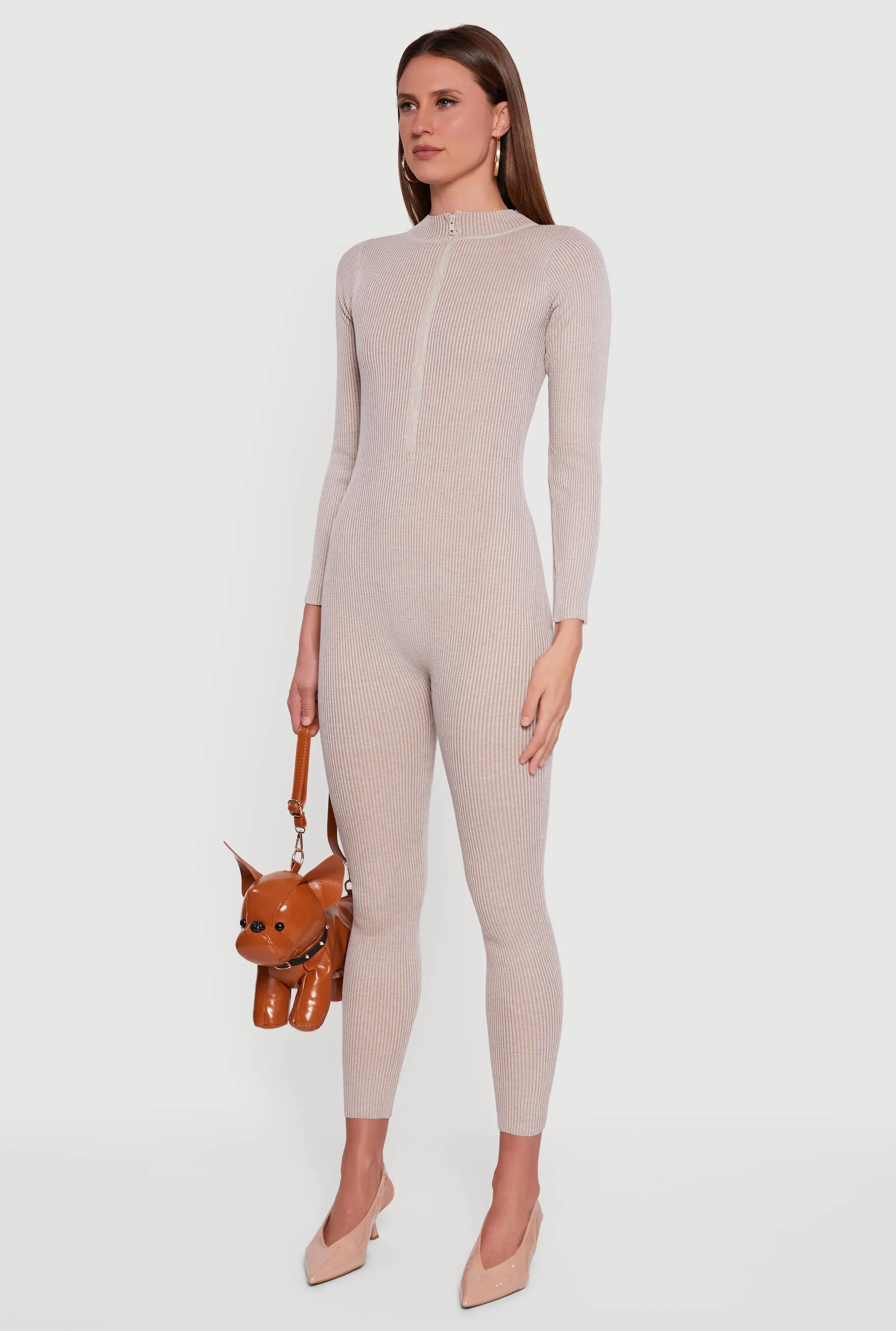 Zip Front Mock Neck Ribbed Knit Jumpsuit sold by Rainbow product image thumbnail 3