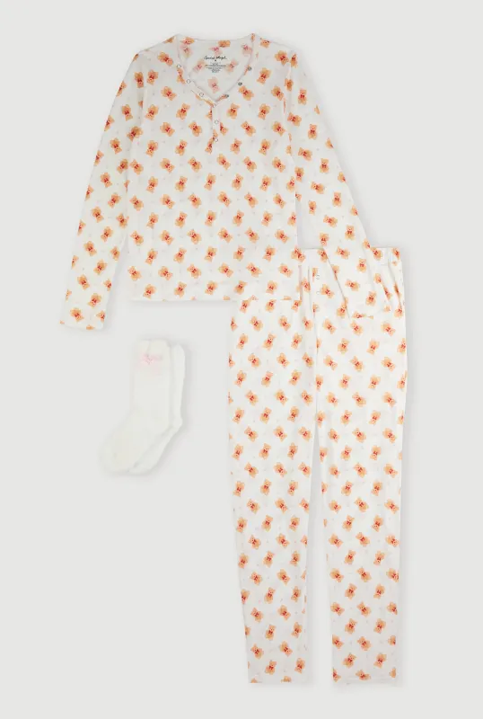 Waffle Knit Teddy Bear Patterned Thermal Pajama Gift Set sold by Rainbow