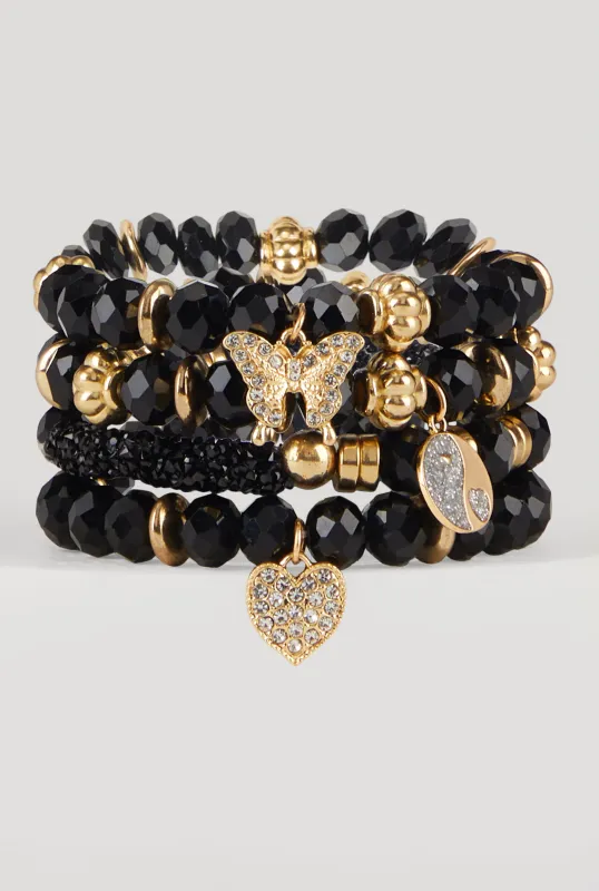 Yin Yang Charm Beaded Stretch Bracelets Set of 4 sold by Rainbow