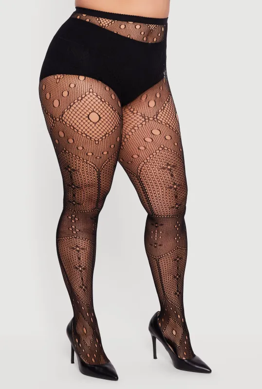 Plus Size High Waisted Patterned Fishnet Tights sold by Rainbow