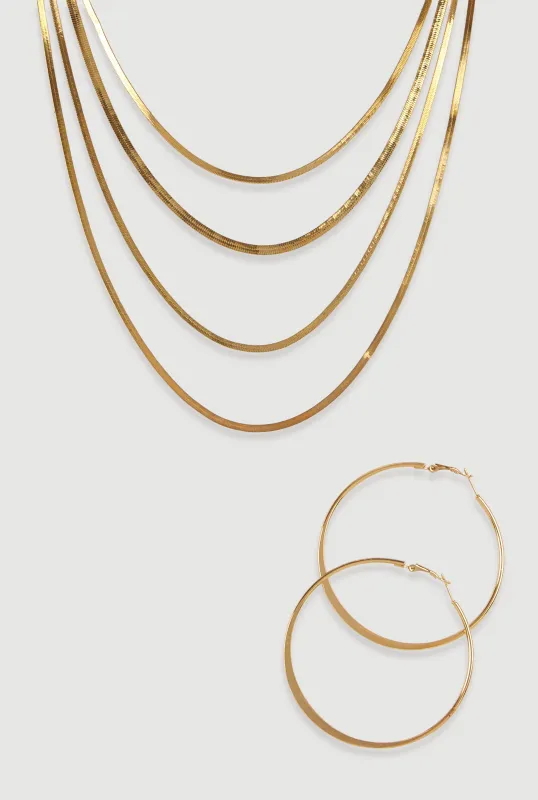 Layered Herringbone Necklace and Hoop Earrings Set sold by Rainbow