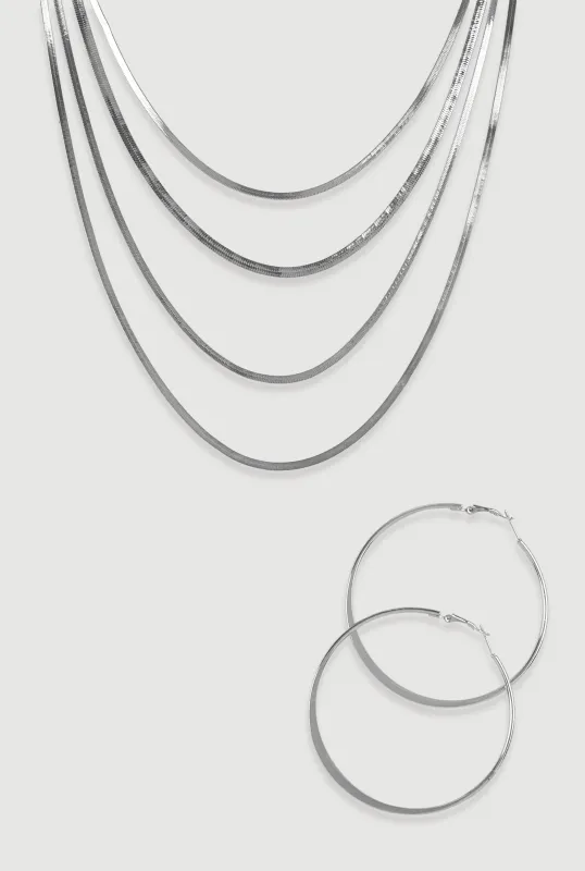 Layered Herringbone Necklace and Hoop Earrings Set sold by Rainbow