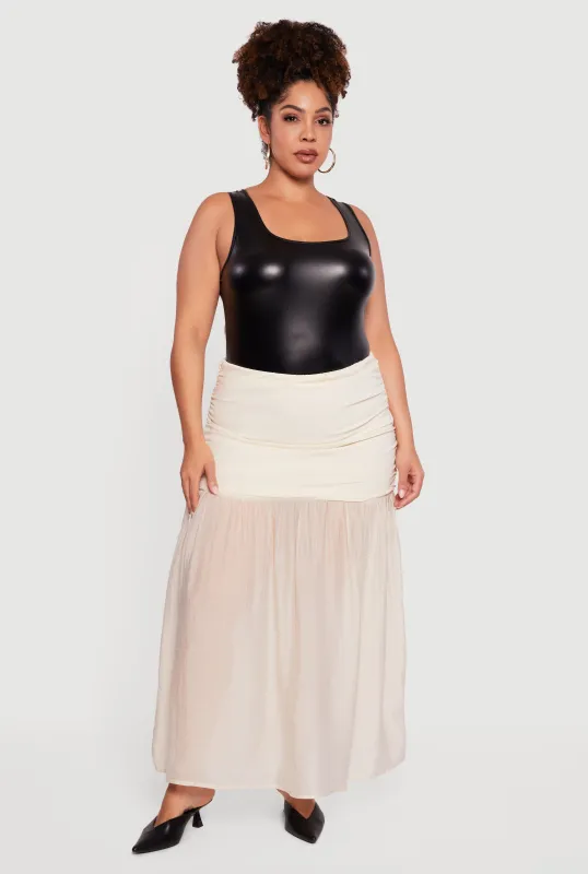 Plus Size High Waisted Ruched Side Ruffle Hem Maxi Skirt sold by Rainbow