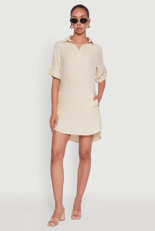 Trendy Linen Shirt Dress with Collared Neck sold by Rainbow