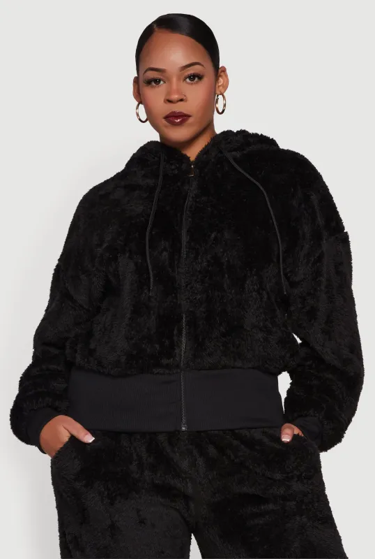 Plus Size Zip Front Faux Fur Hoodie sold by Rainbow