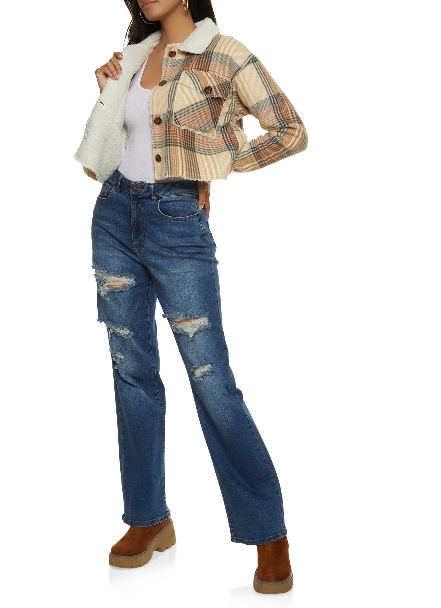 Sherpa Lined Plaid Cropped Jacket sold by Rainbow product image thumbnail 2