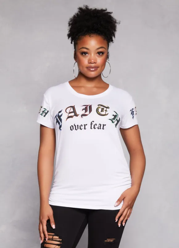 Plus Size Ruched Faith Over Fear Graphic Tee sold by Rainbow
