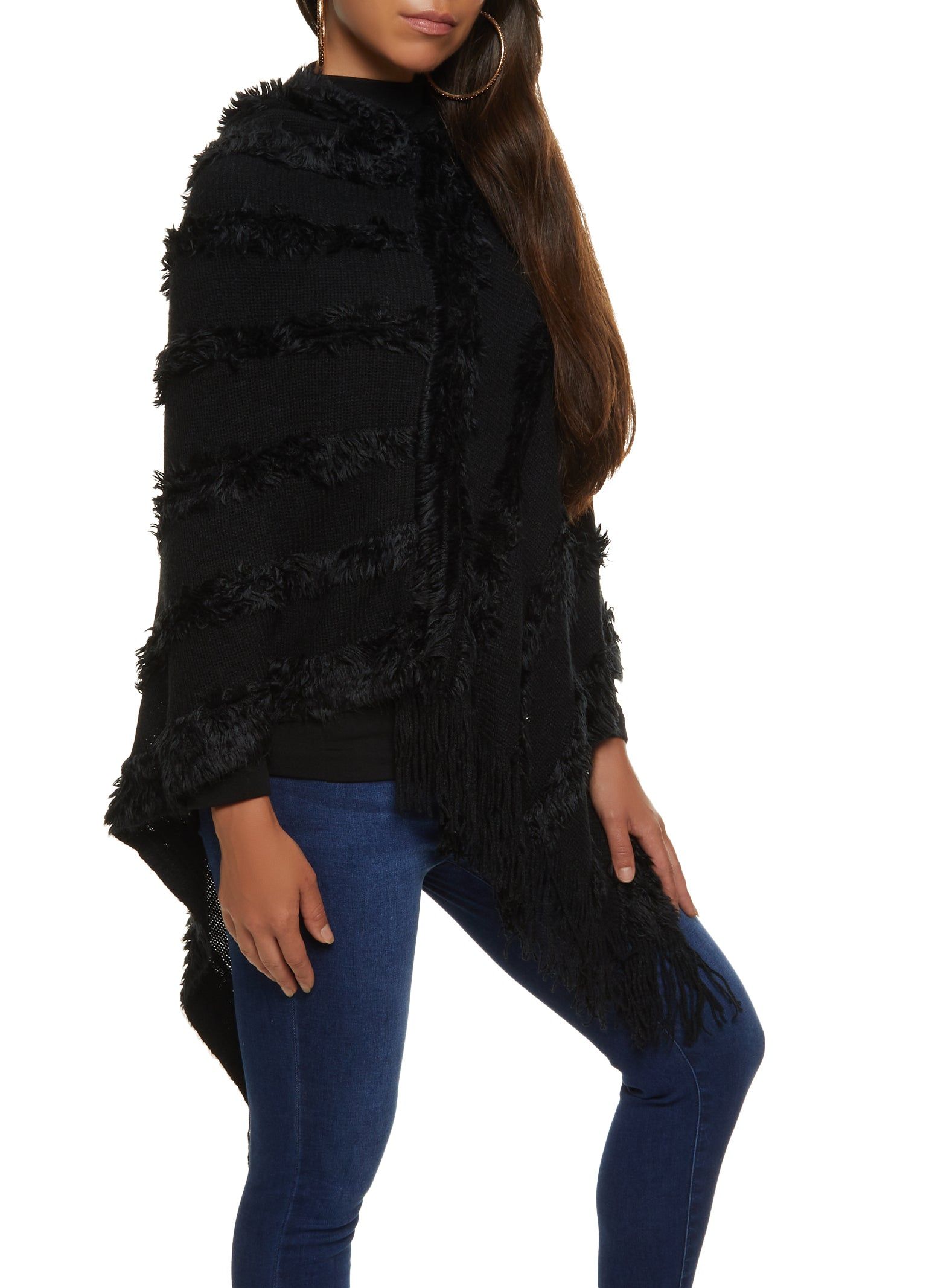 Faux Fur Fringe Hem Asymmetrical Poncho sold by Rainbow