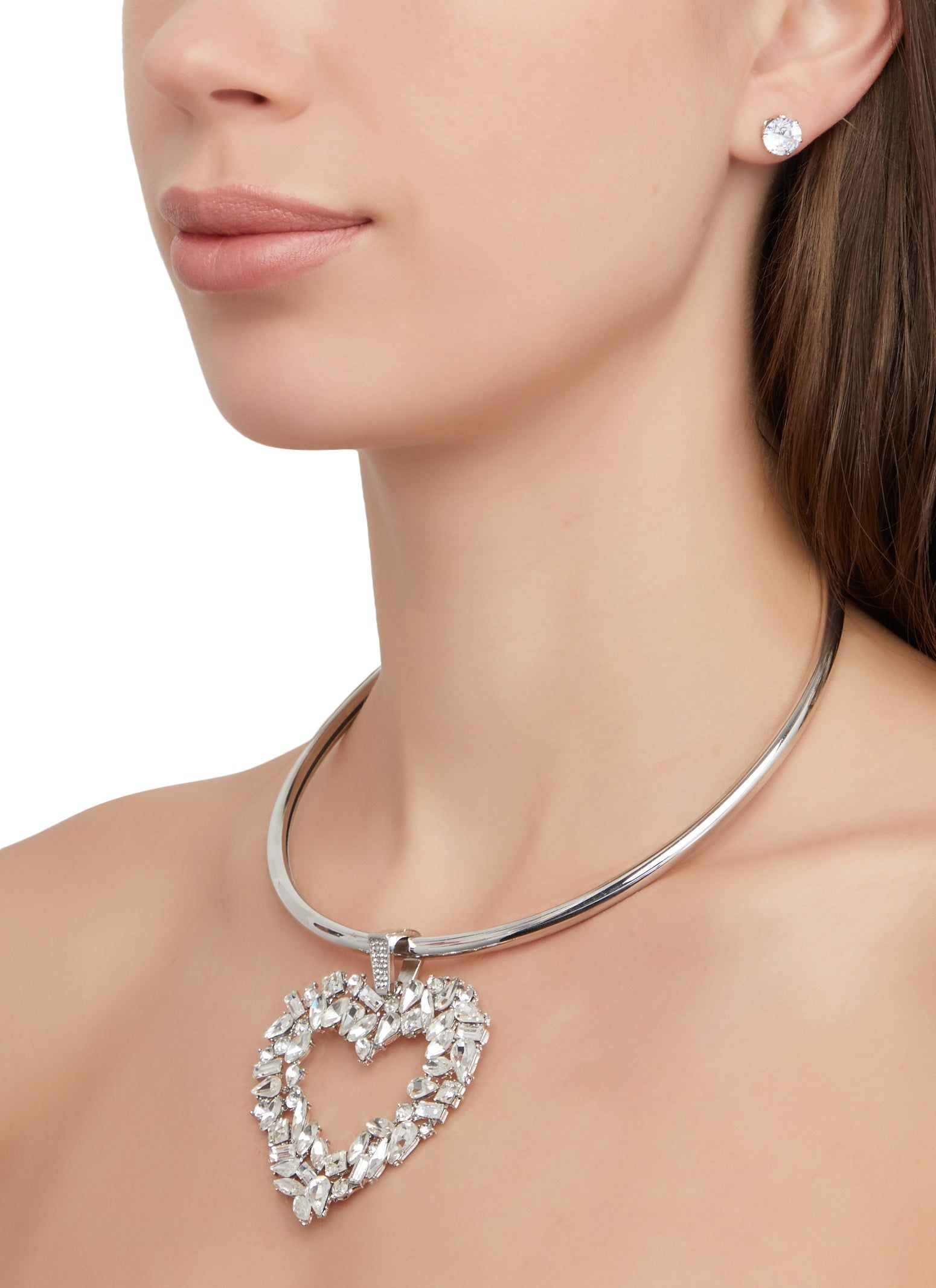 Cubic Zirconia Heart Collar Necklace with Stud Earrings sold by Rainbow