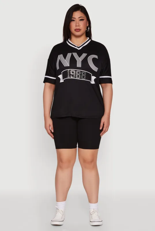 Plus Size NYC 1988 Rhinestone Varsity Stripe V Neck T Shirt sold by Rainbow
