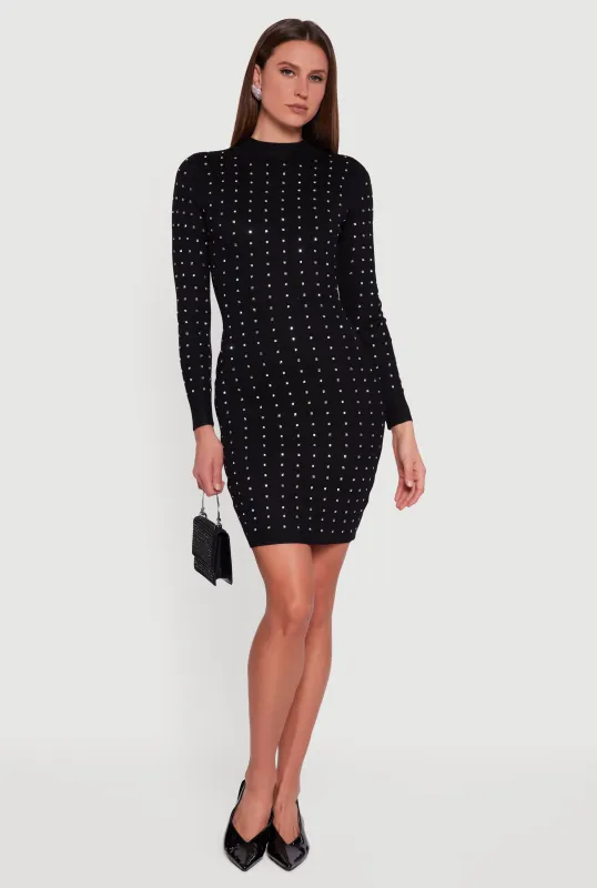 Rhinestone Rib Knit Long Sleeve Mock Neck Sweater Dress sold by Rainbow