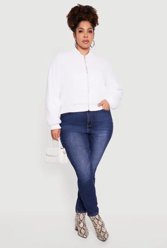 Plus Size Zip Front Faux Fur Bomber Jacket sold by Rainbow