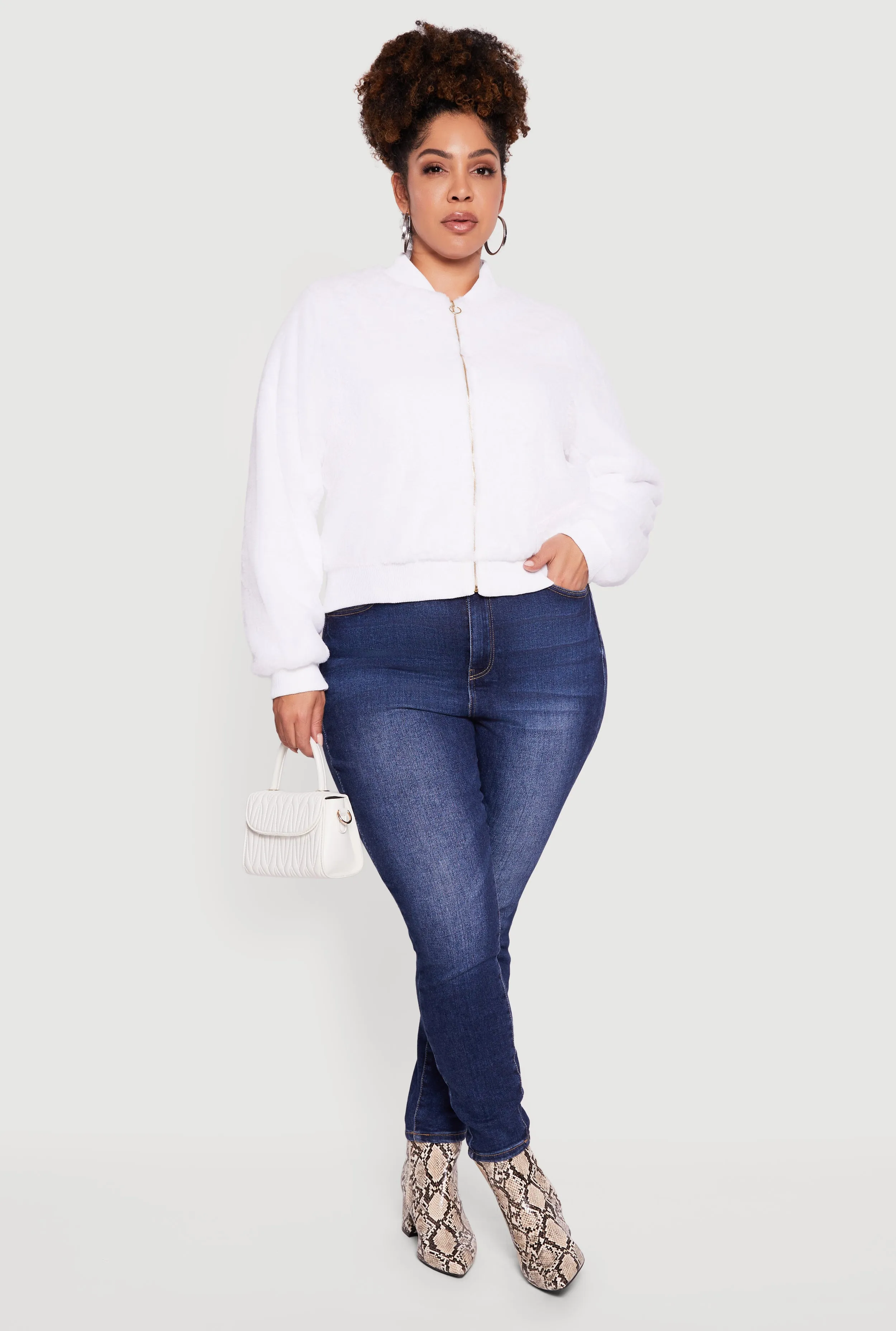 Plus Size Zip Front Faux Fur Bomber Jacket sold by Rainbow