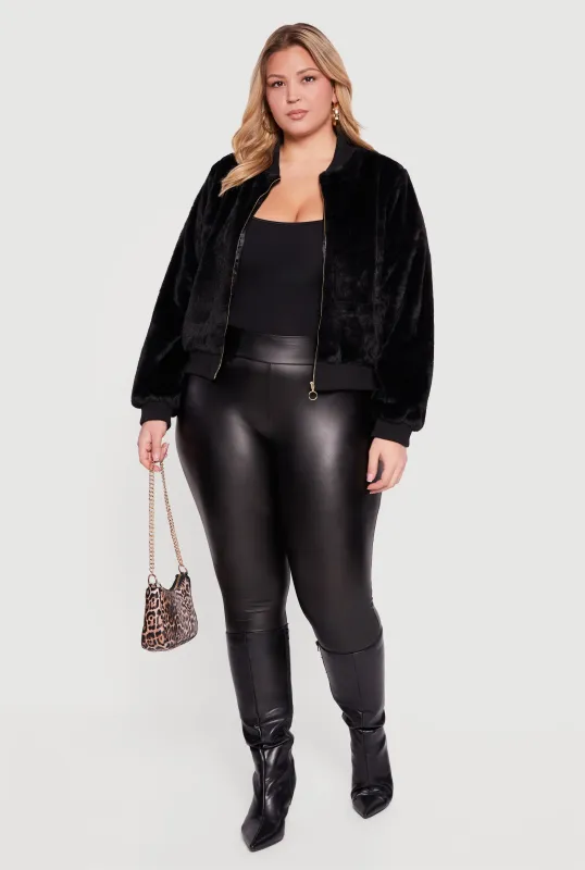 Plus Size Zip Front Faux Fur Bomber Jacket sold by Rainbow