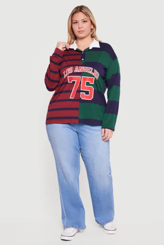 Plus Size Almost Famous Color Block Striped Graphic Polo Shirt made by Almost Famous