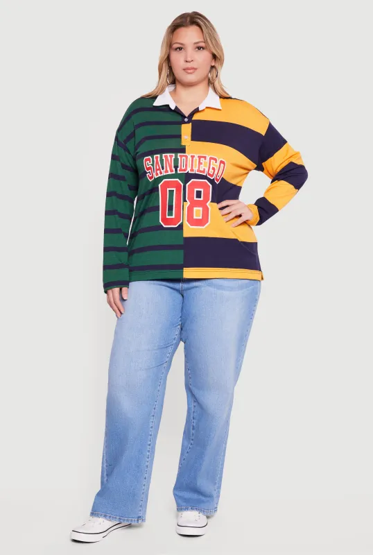 Plus Size Almost Famous Color Block Striped Graphic Polo Shirt made by Almost Famous