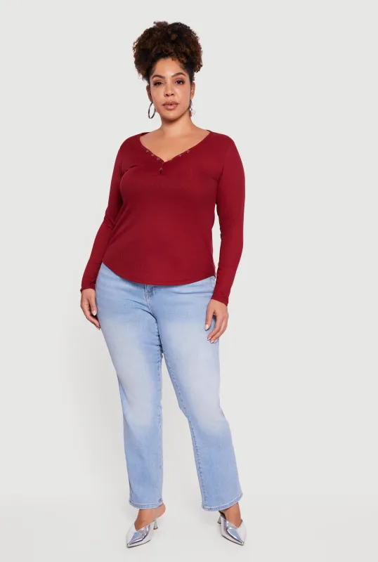 Plus Size Ribbed Knit Snap Button Front Long Sleeve Tee sold by Rainbow