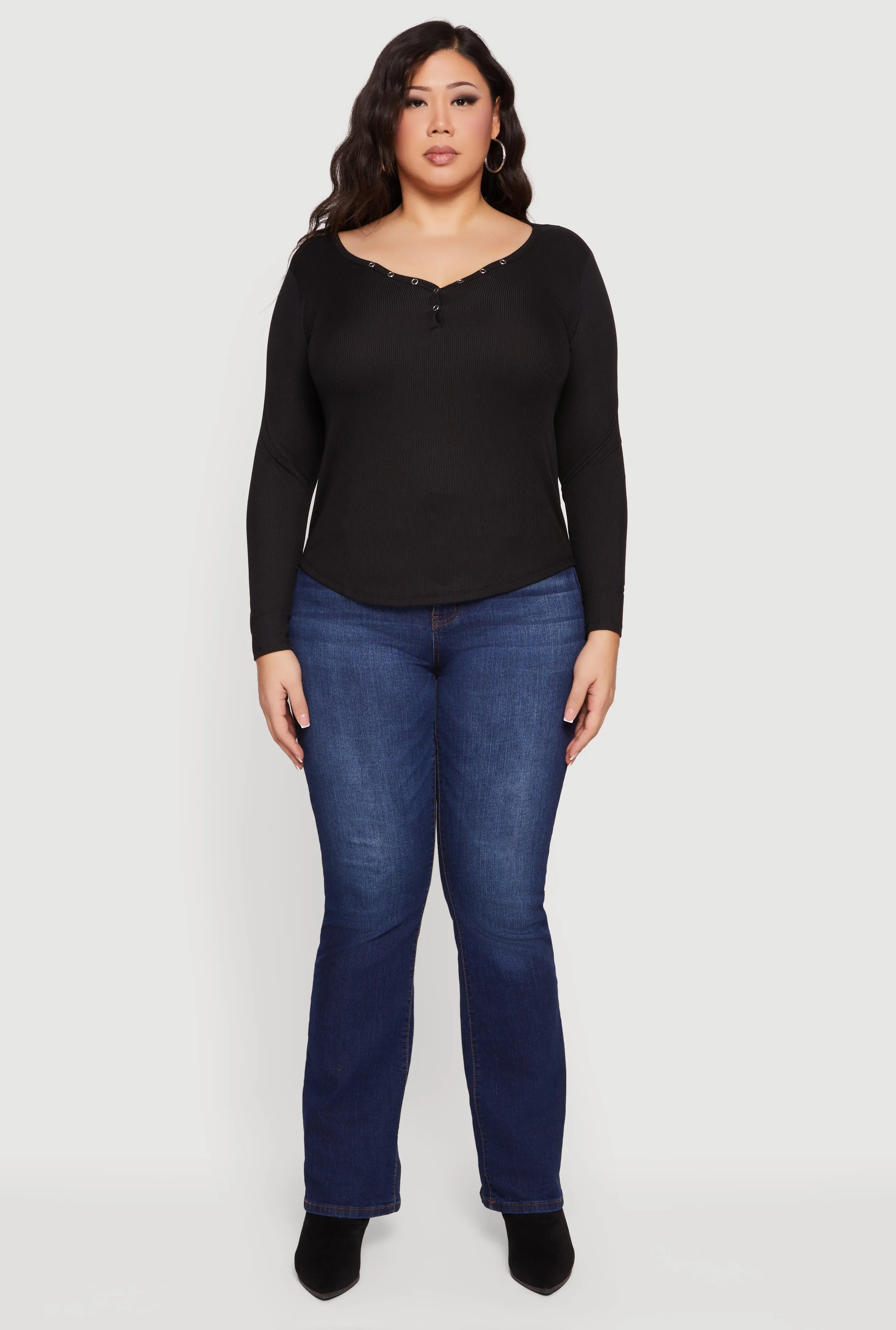 Plus Size Ribbed Knit Snap Button Front Long Sleeve Tee sold by Rainbow product image thumbnail 3