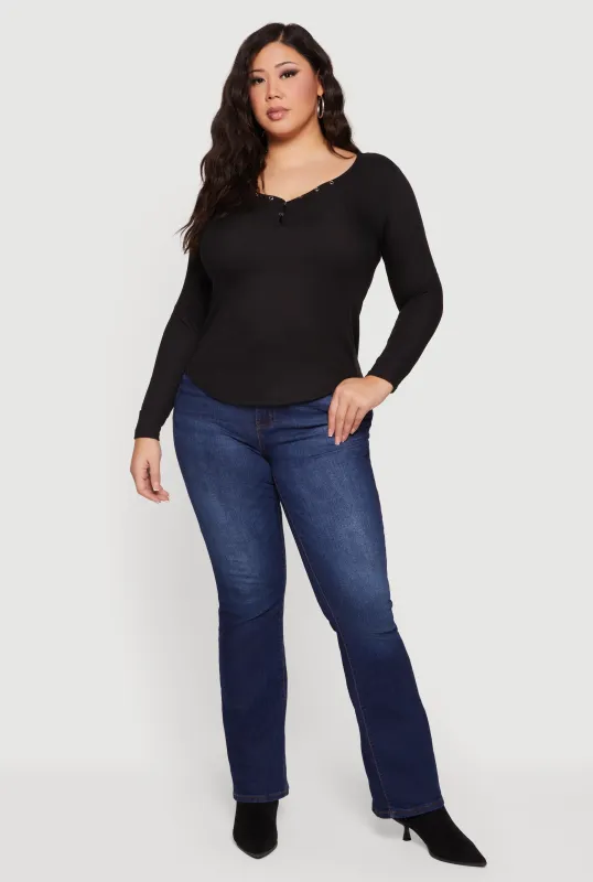 Plus Size Ribbed Knit Snap Button Front Long Sleeve Tee sold by Rainbow