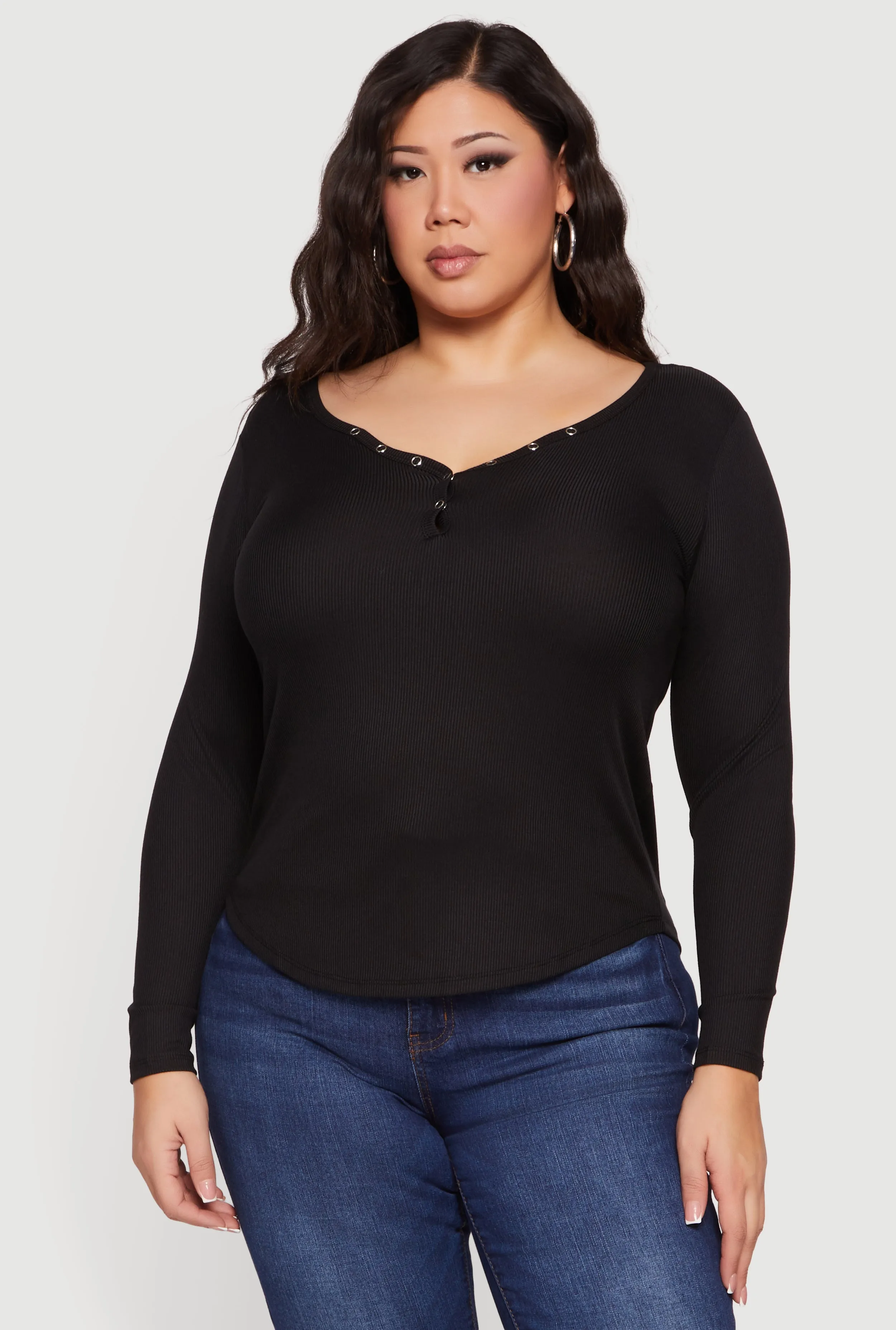 Plus Size Ribbed Knit Snap Button Front Long Sleeve Tee sold by Rainbow product image thumbnail 2