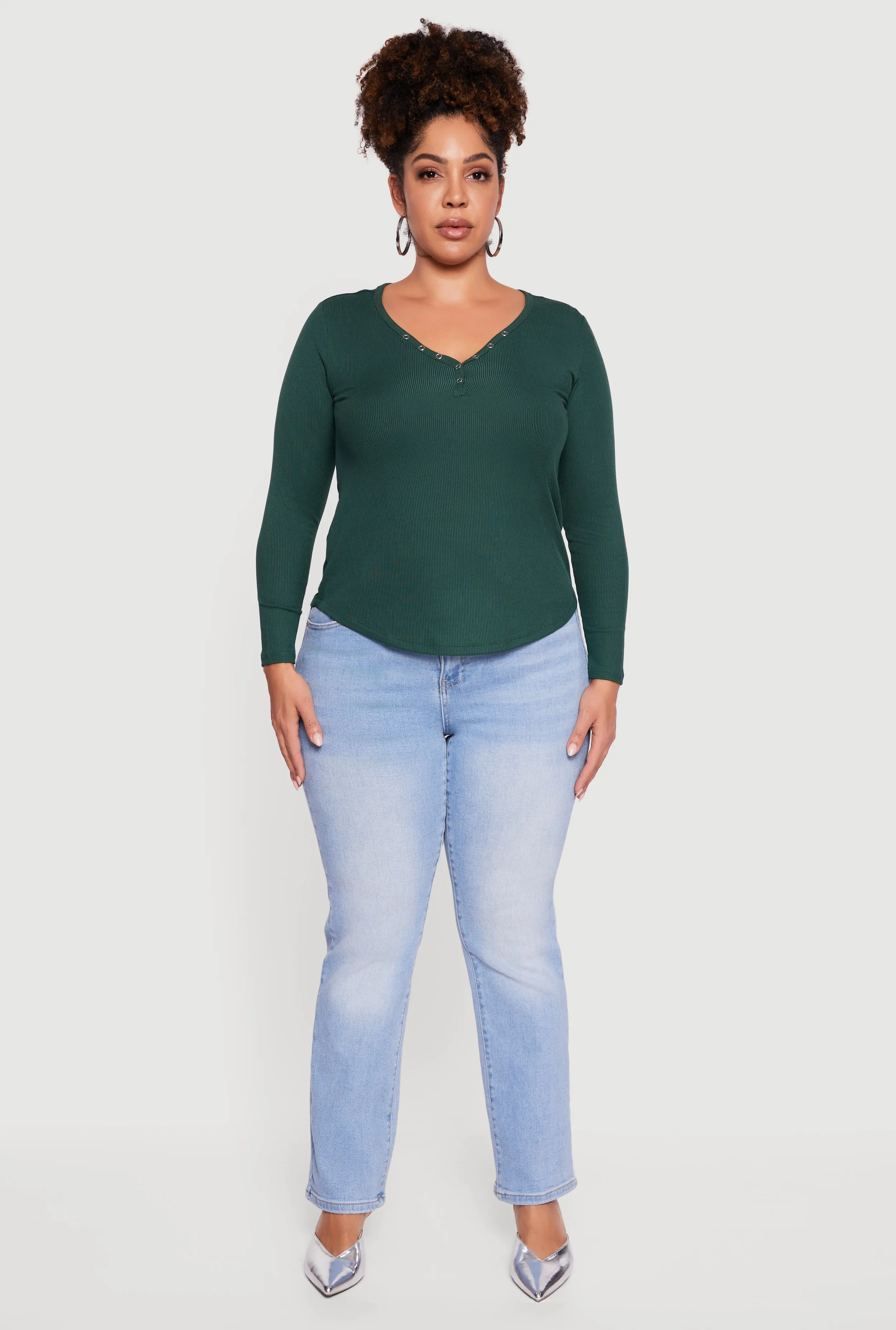 Plus Size Ribbed Knit Snap Button Front Long Sleeve Tee sold by Rainbow product image thumbnail 3