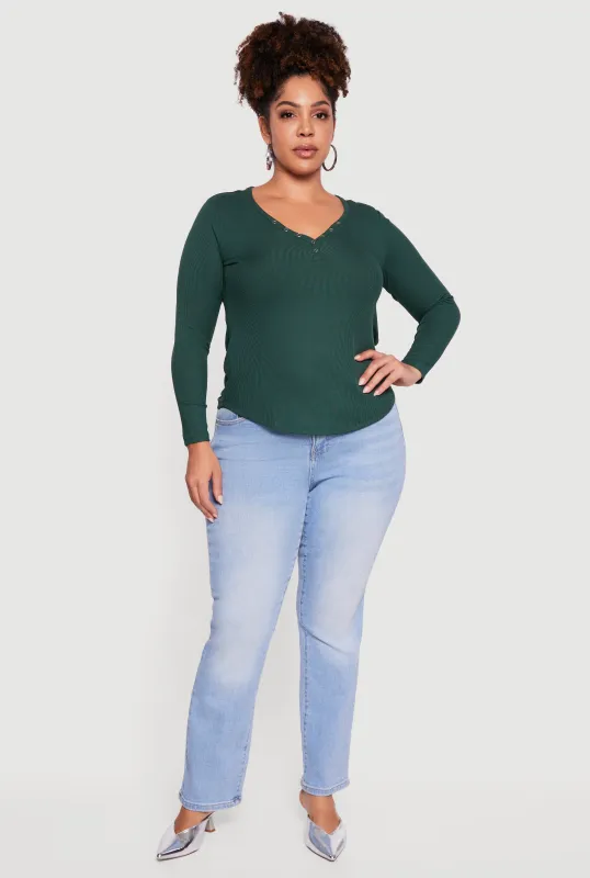 Plus Size Ribbed Knit Snap Button Front Long Sleeve Tee sold by Rainbow