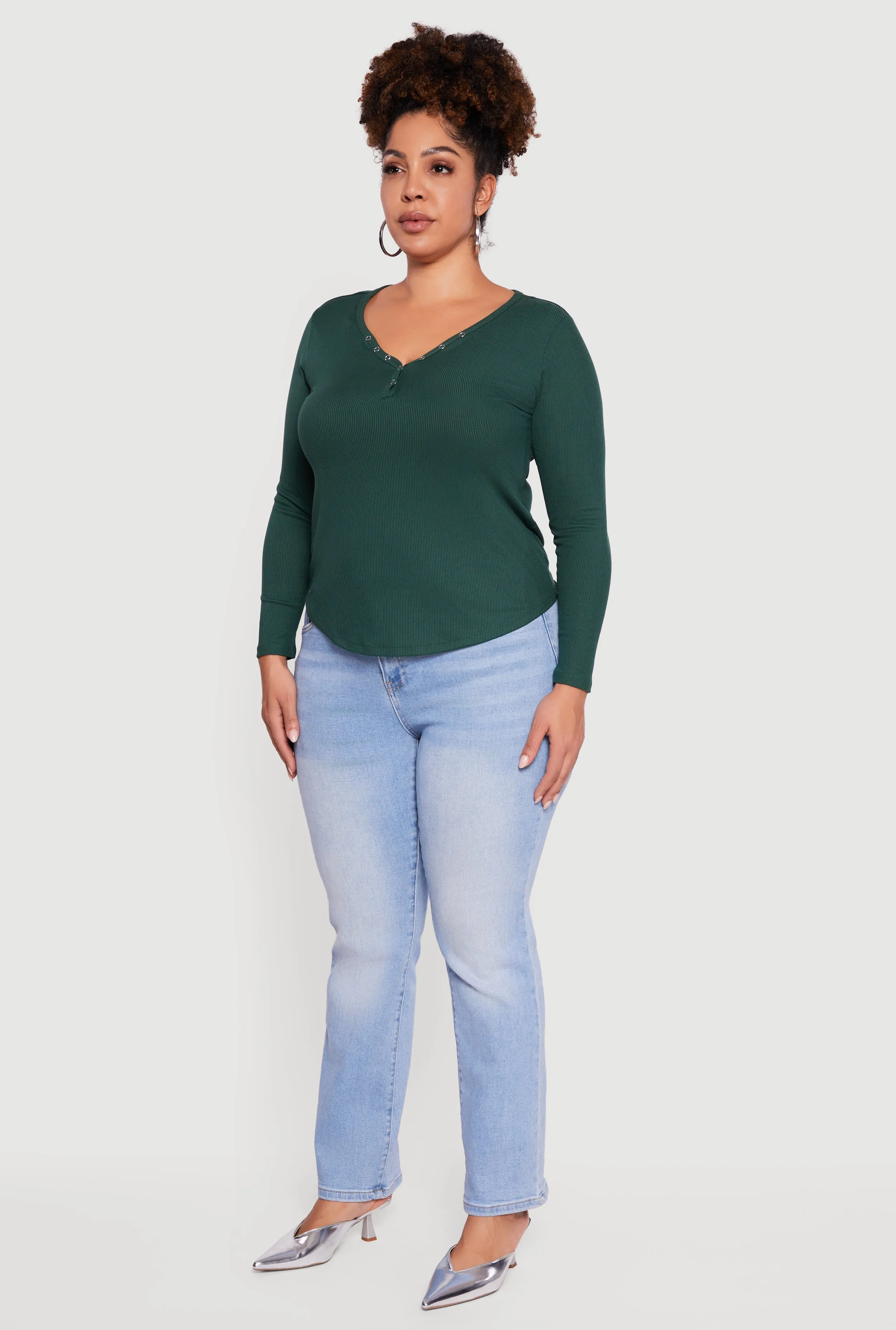 Plus Size Ribbed Knit Snap Button Front Long Sleeve Tee sold by Rainbow product image thumbnail 5