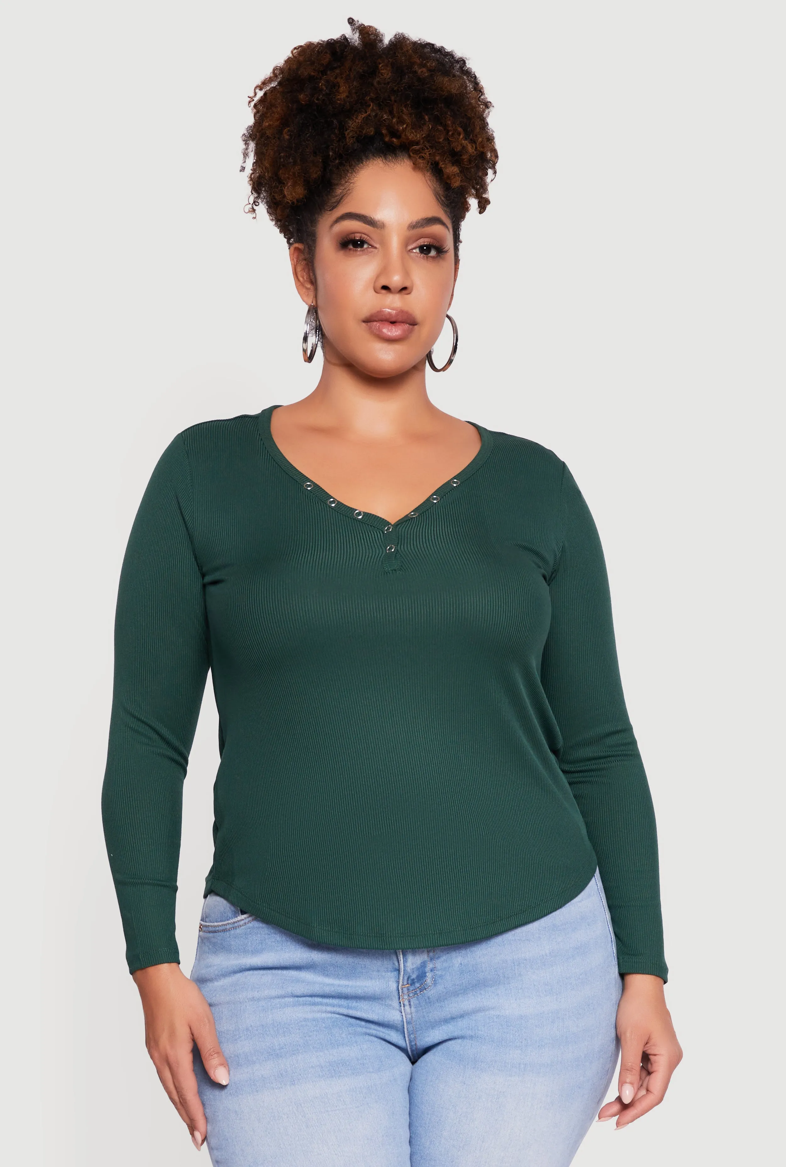 Plus Size Ribbed Knit Snap Button Front Long Sleeve Tee sold by Rainbow product image thumbnail 2