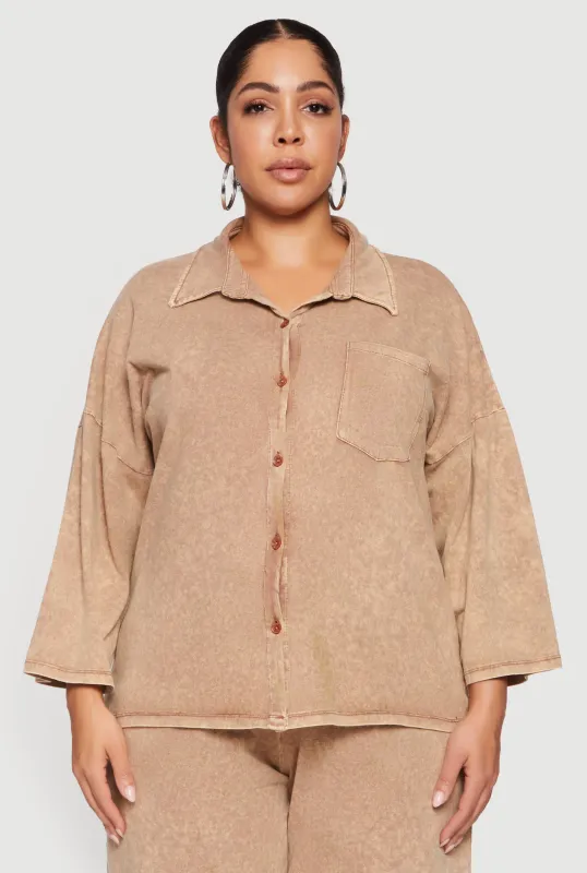 Plus Size Oversized Acid Wash Button Front Shirt sold by Rainbow