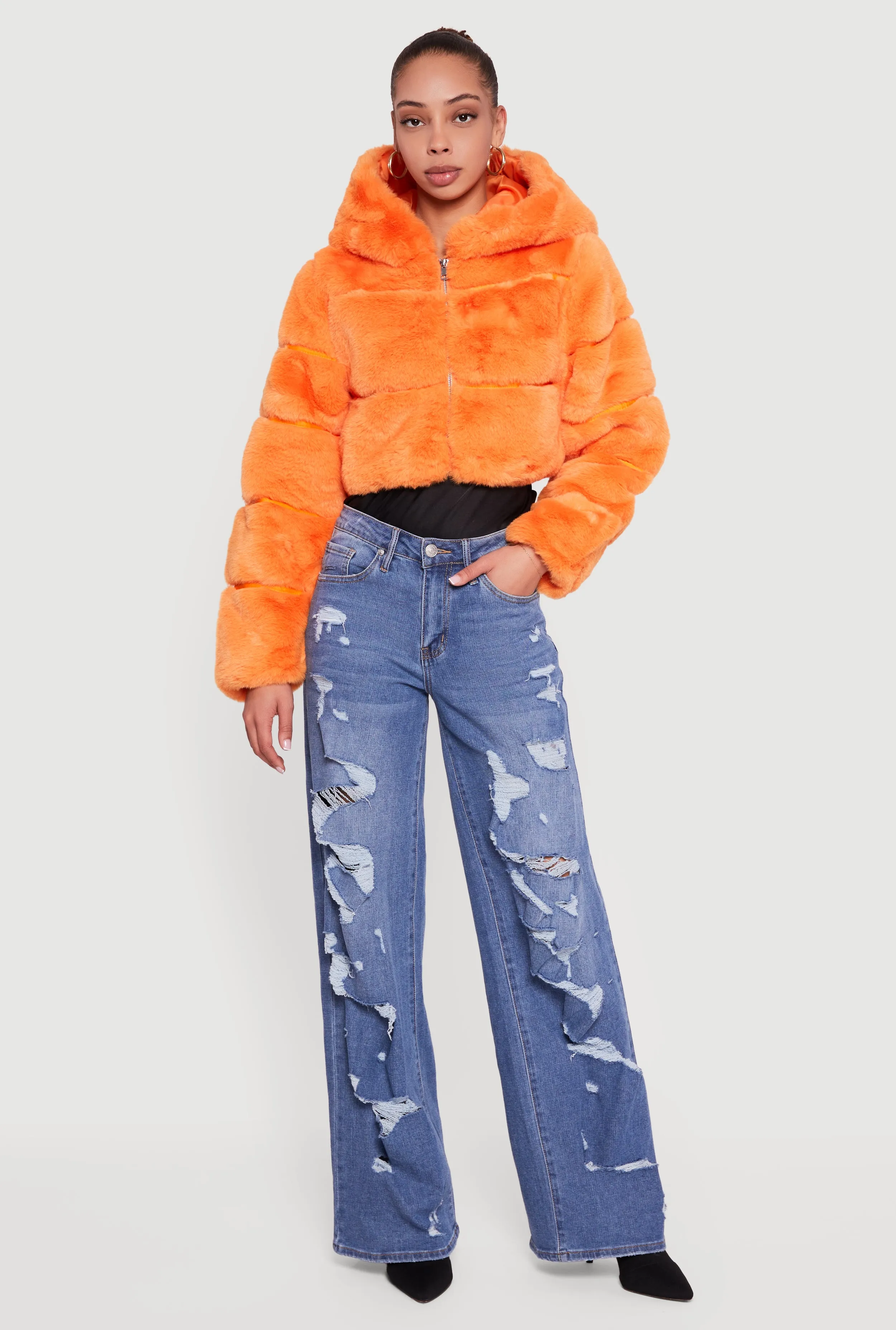 Faux Fur Cropped Hooded Jacket sold by Rainbow