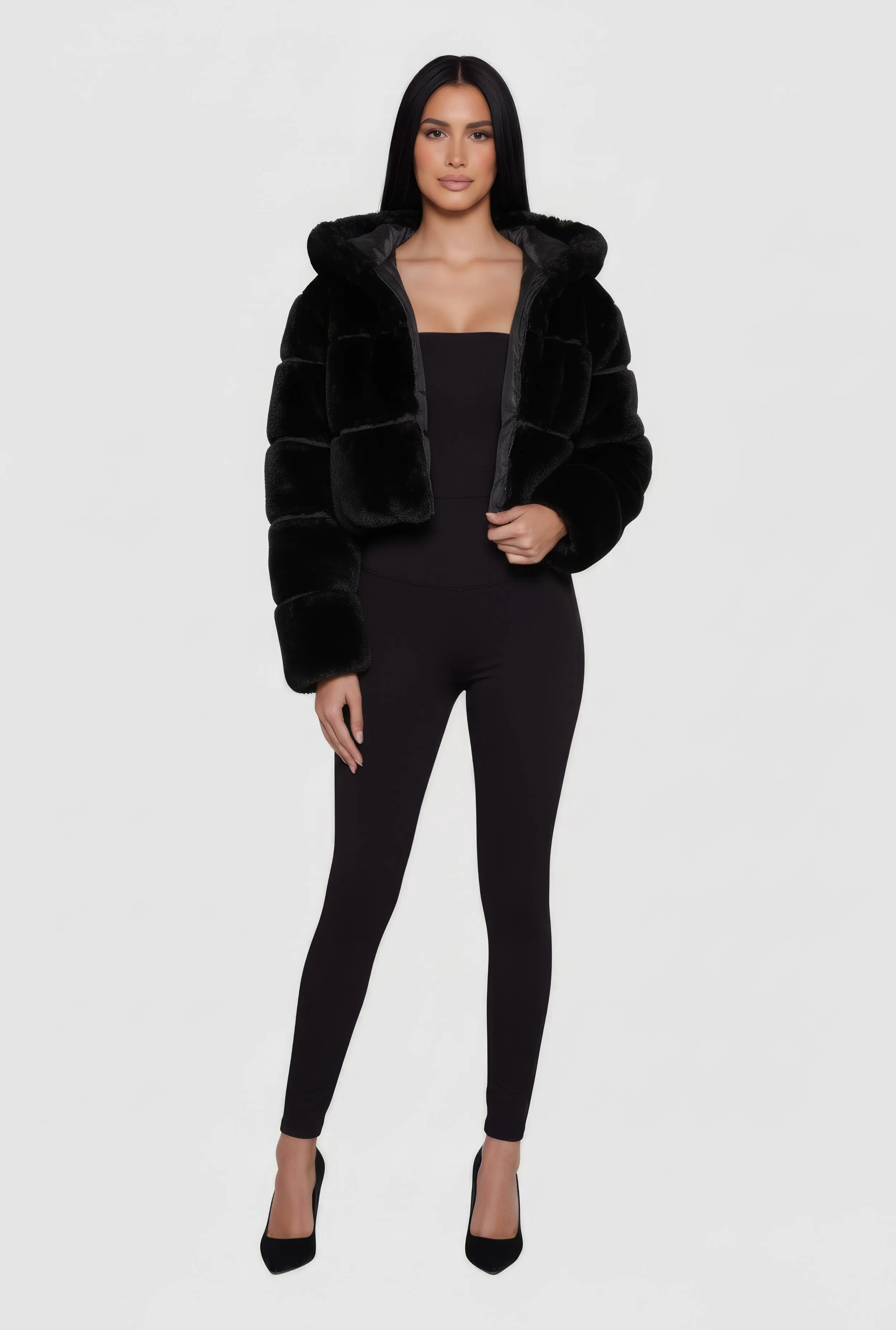 Faux Fur Cropped Hooded Jacket sold by Rainbow