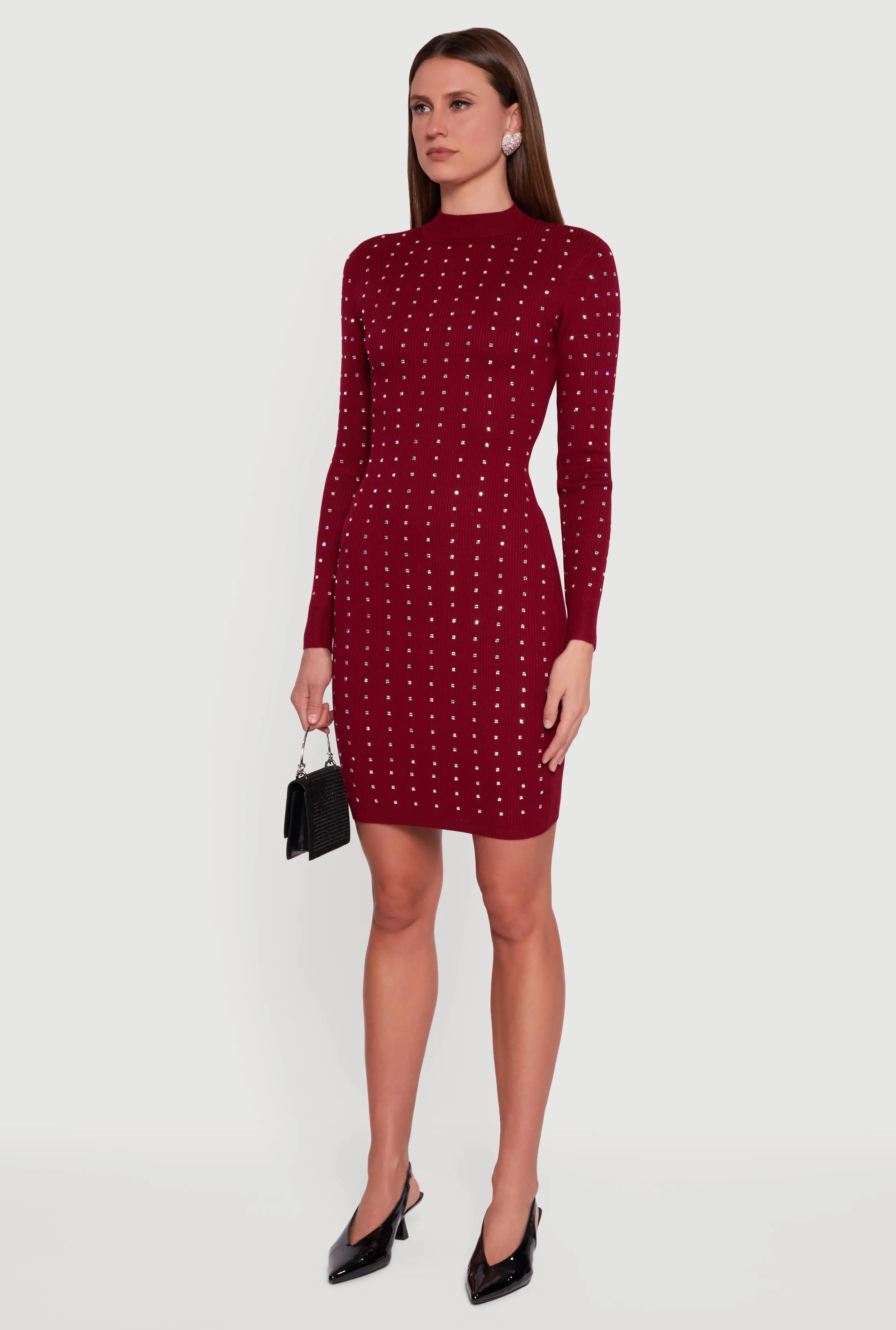 Rhinestone Rib Knit Long Sleeve Mock Neck Sweater Dress sold by Rainbow product image thumbnail 3