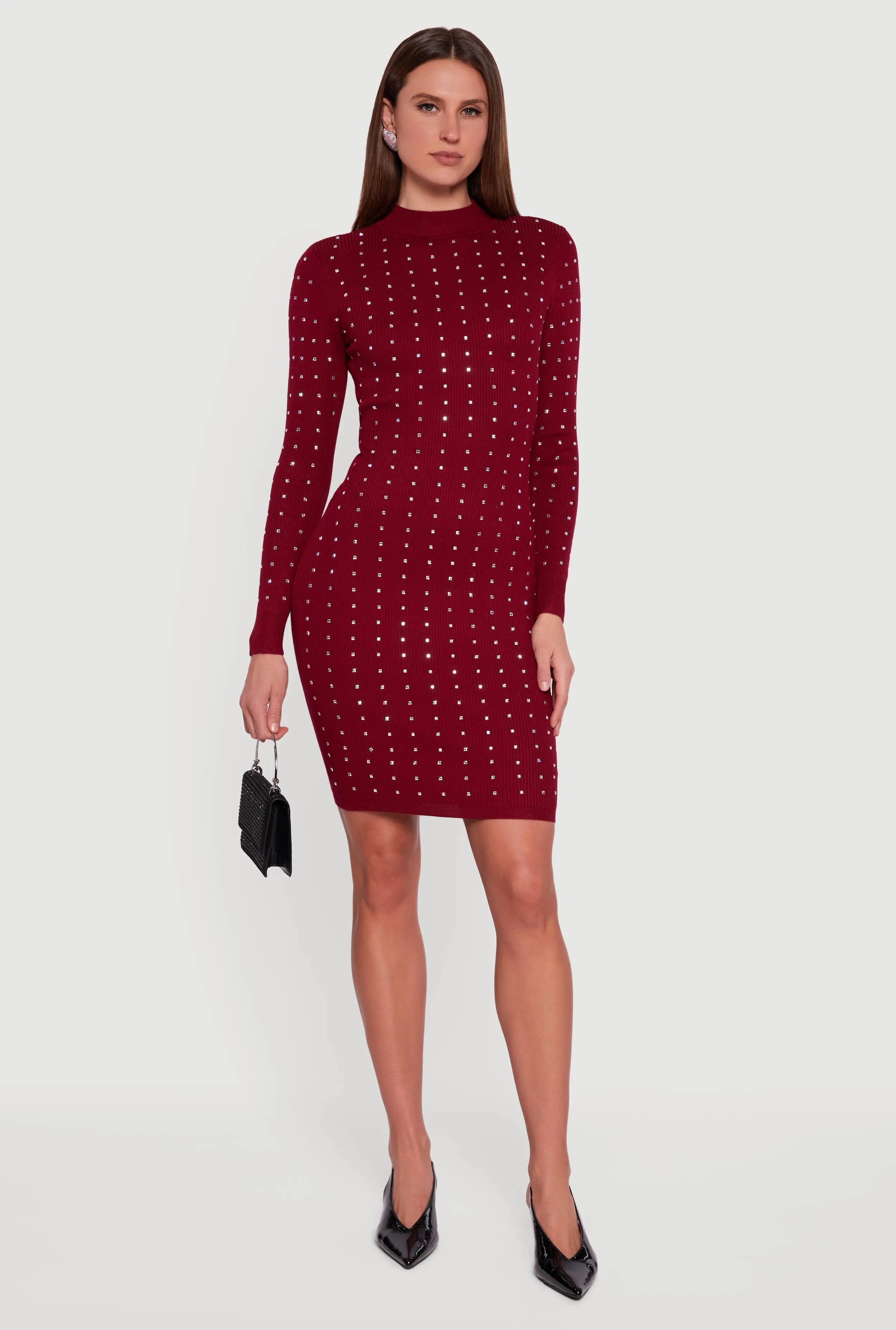 Rhinestone Rib Knit Long Sleeve Mock Neck Sweater Dress sold by Rainbow