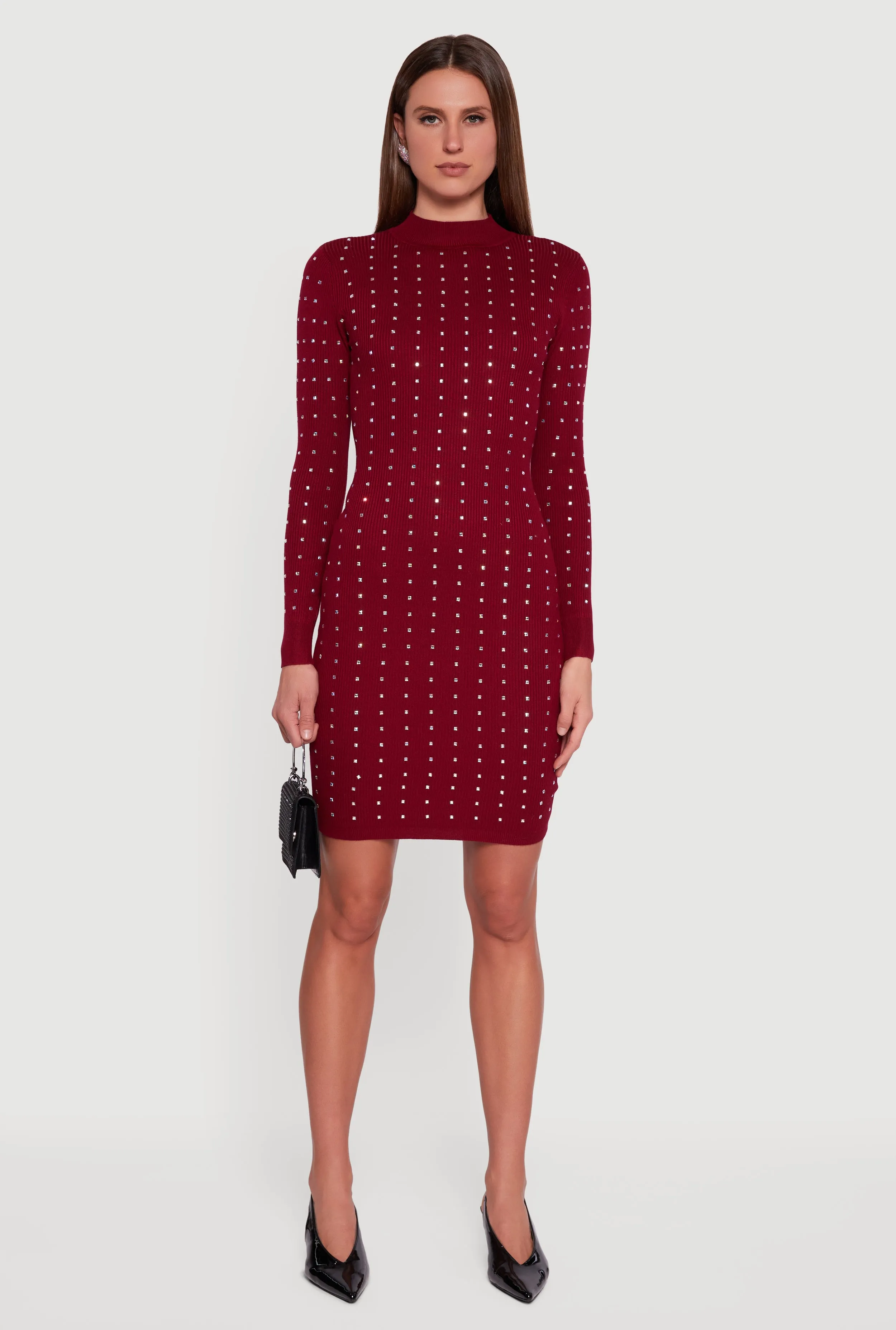 Rhinestone Rib Knit Long Sleeve Mock Neck Sweater Dress sold by Rainbow product image thumbnail 2