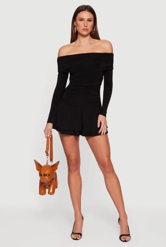 Ruched Fold Over Off the Shoulder Tiered Skater Dress sold by Rainbow