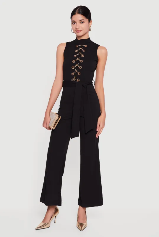 Chain Lace Up Crepe Knit Flare Leg Jumpsuit sold by Rainbow