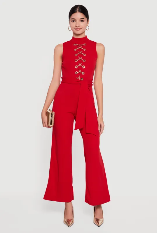 Chain Lace Up Crepe Knit Flare Leg Jumpsuit sold by Rainbow