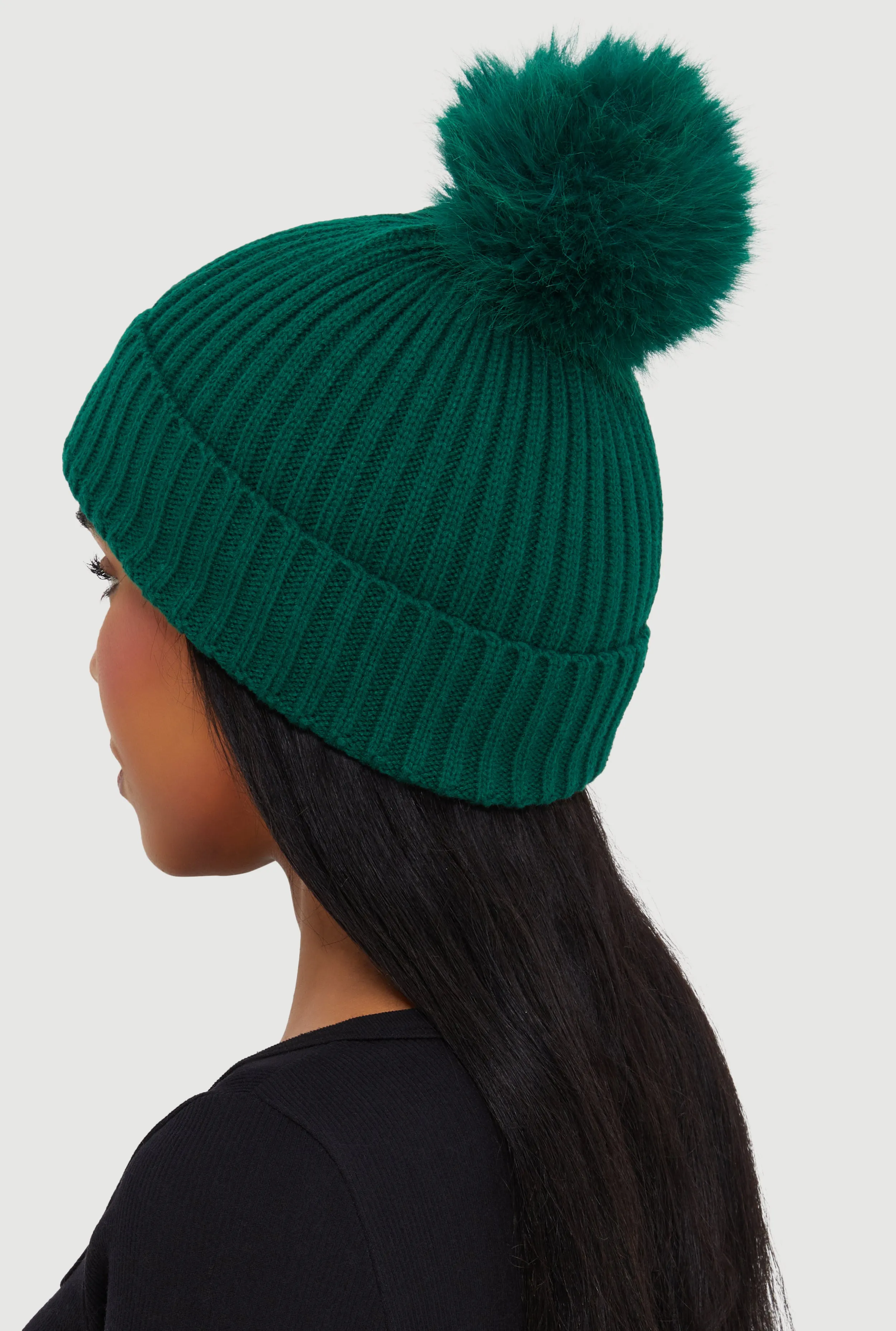 Trendy Faux Fur Pom Pom Detail Ribbed Knit Beanie sold by Rainbow product image thumbnail 3