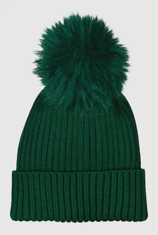Trendy Faux Fur Pom Pom Detail Ribbed Knit Beanie sold by Rainbow