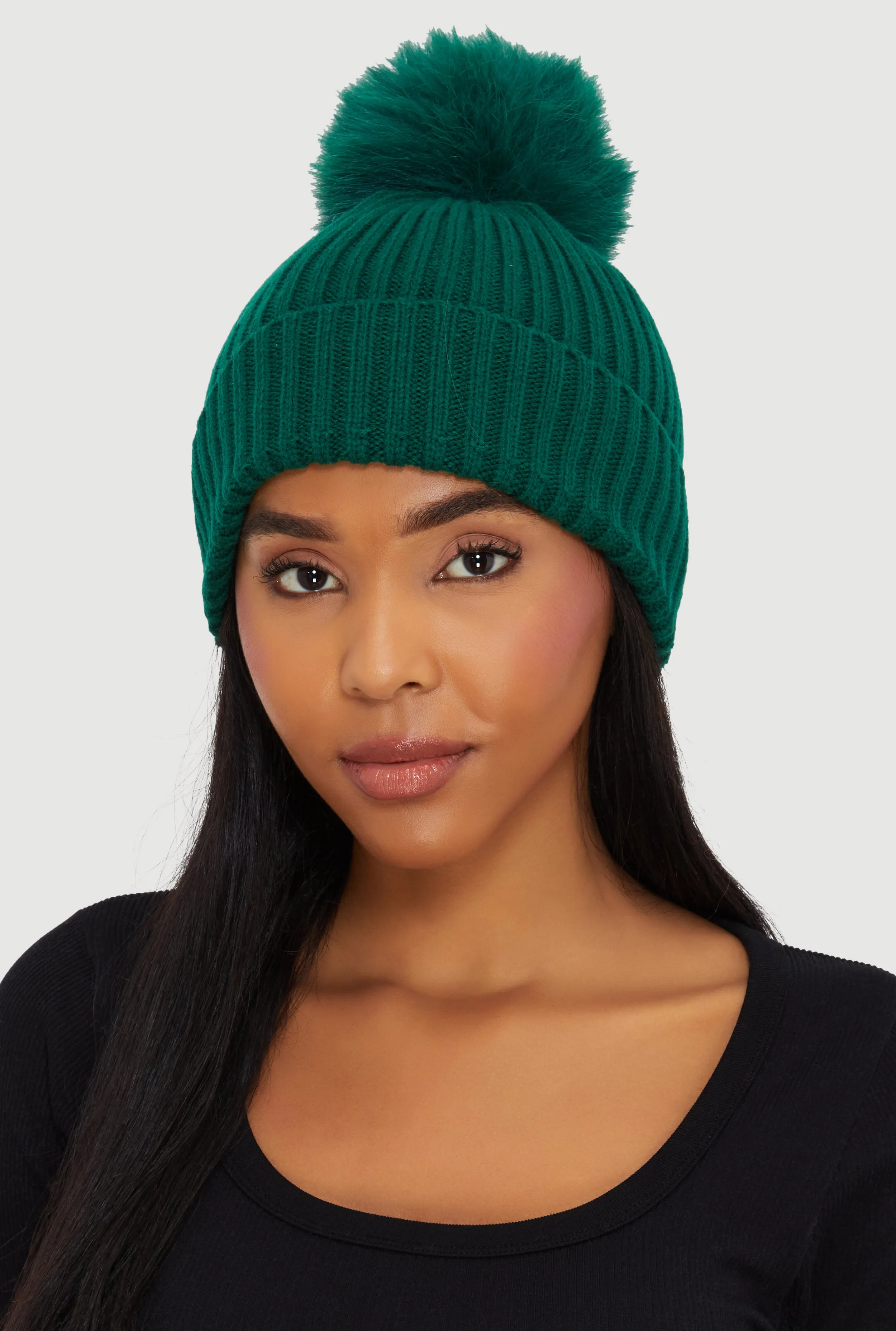 Trendy Faux Fur Pom Pom Detail Ribbed Knit Beanie sold by Rainbow product image thumbnail 2