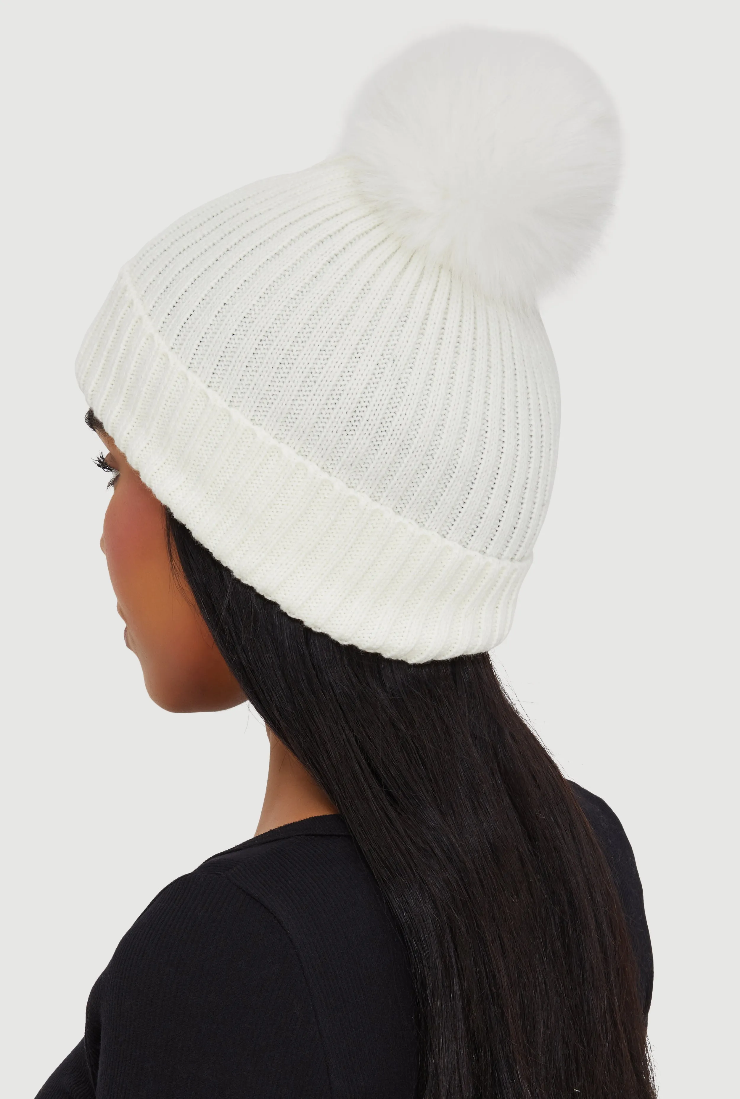Trendy Faux Fur Pom Pom Detail Ribbed Knit Beanie sold by Rainbow product image thumbnail 3