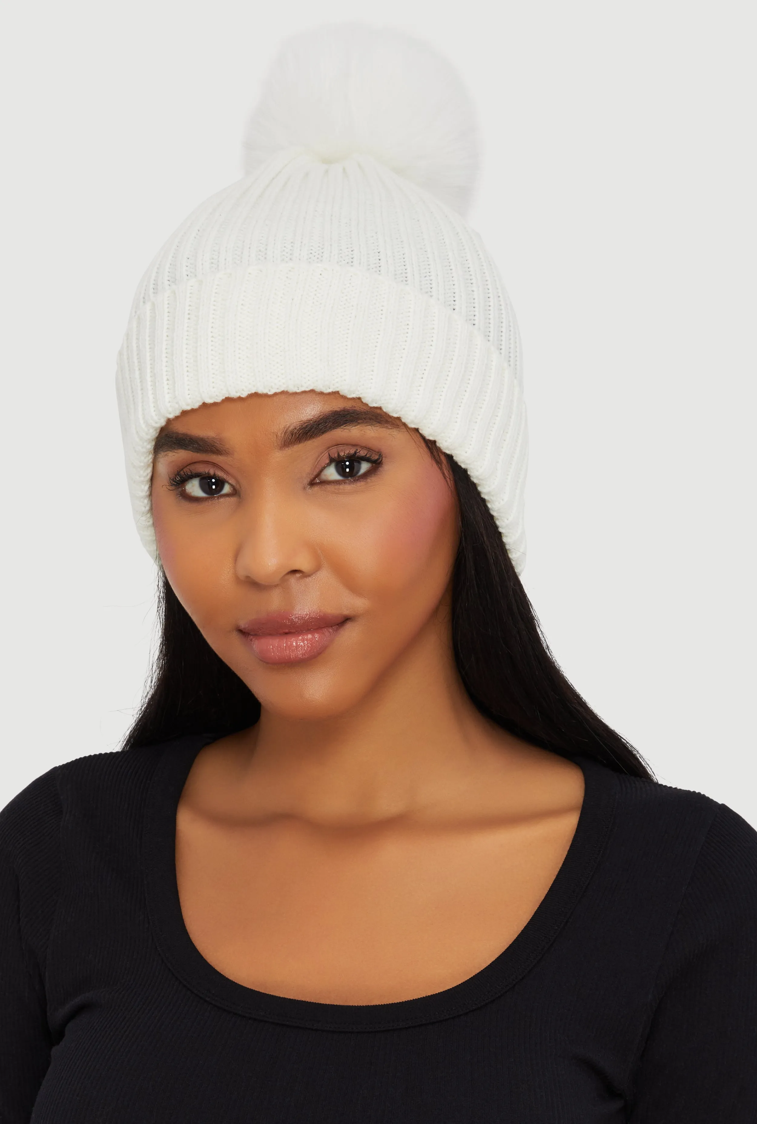 Trendy Faux Fur Pom Pom Detail Ribbed Knit Beanie sold by Rainbow product image thumbnail 2