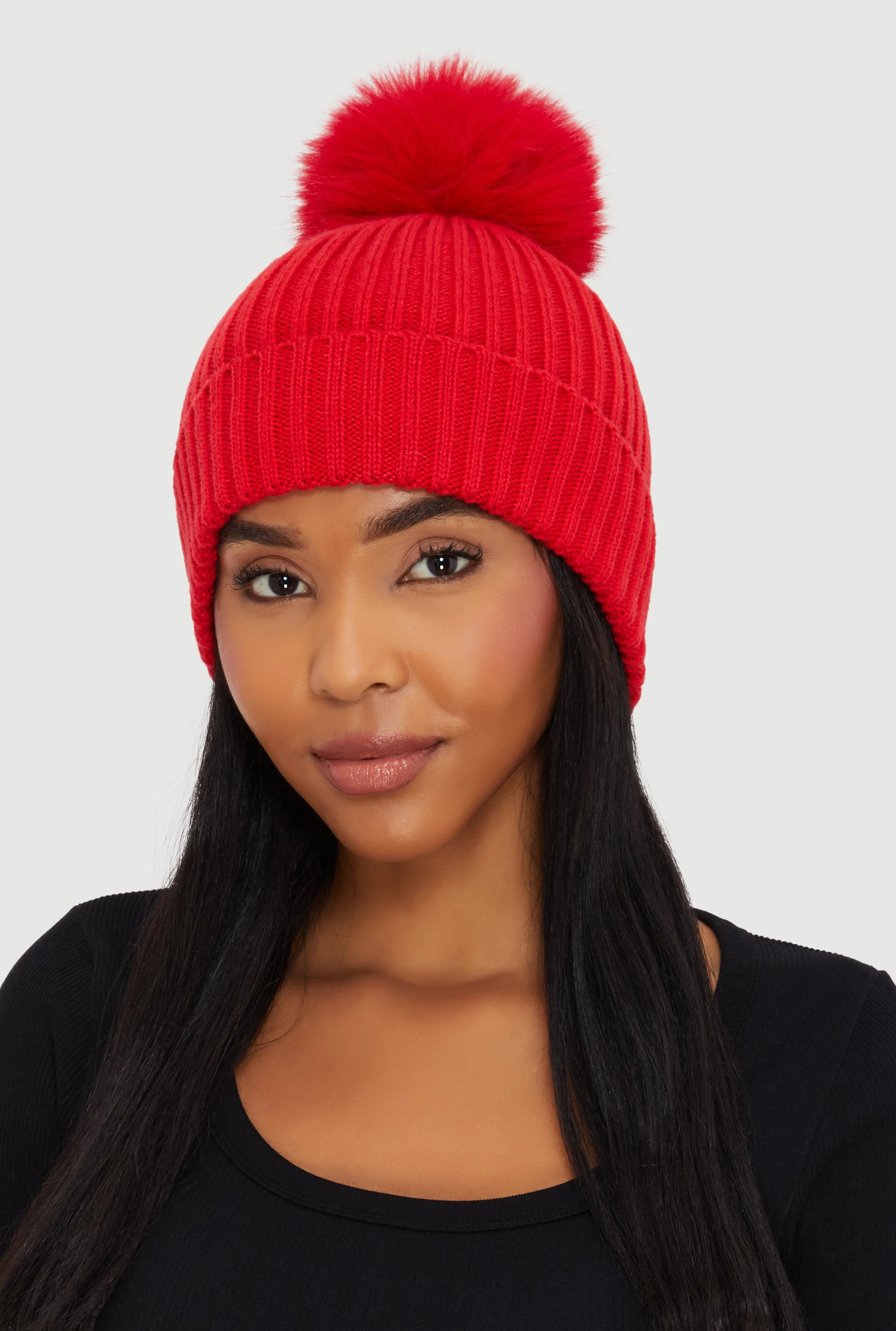 Trendy Faux Fur Pom Pom Detail Ribbed Knit Beanie sold by Rainbow product image thumbnail 2