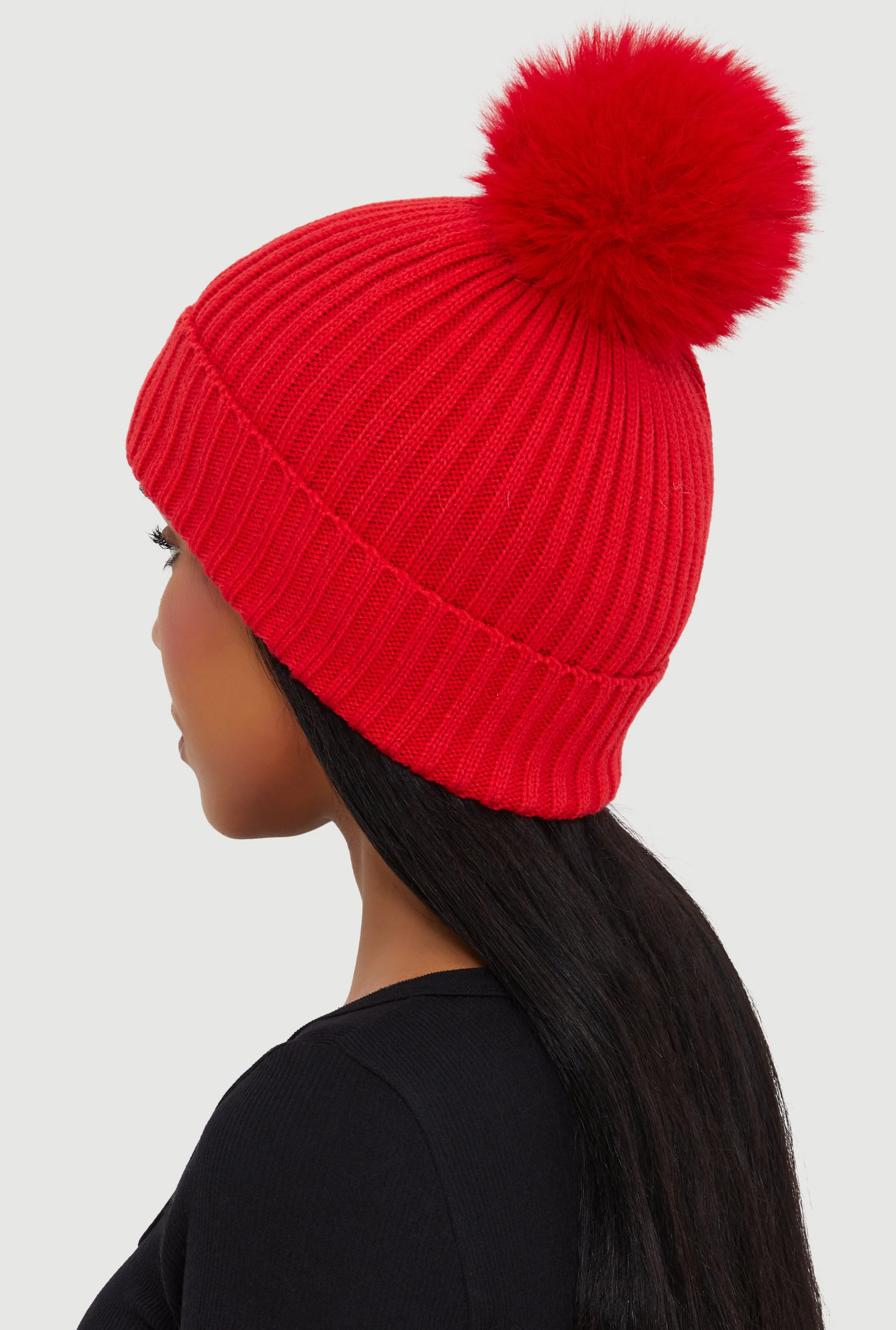 Trendy Faux Fur Pom Pom Detail Ribbed Knit Beanie sold by Rainbow product image thumbnail 3