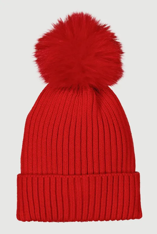 Trendy Faux Fur Pom Pom Detail Ribbed Knit Beanie sold by Rainbow