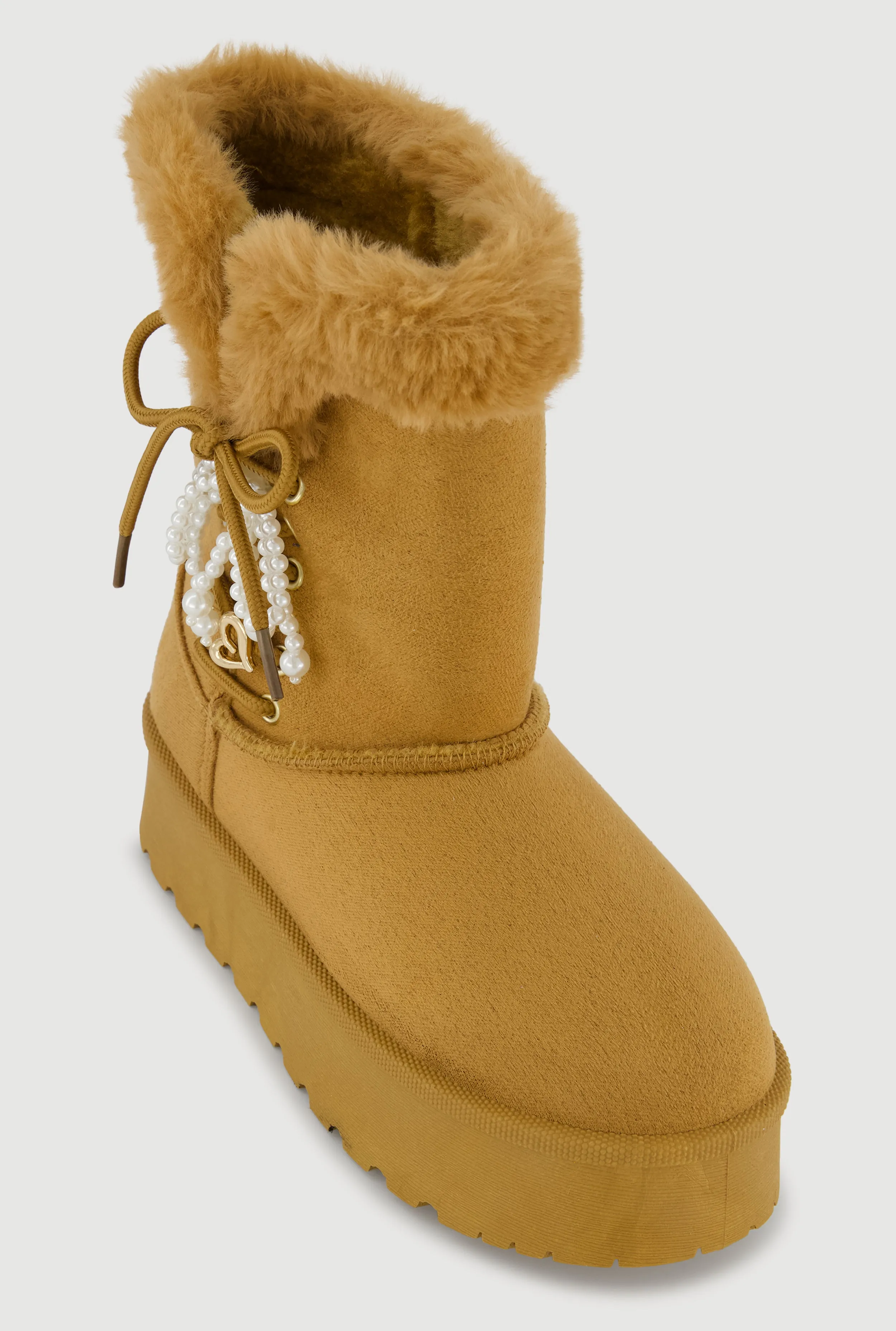 Faux Fur Lined Platform Booties with Faux Pearl Bow sold by Rainbow